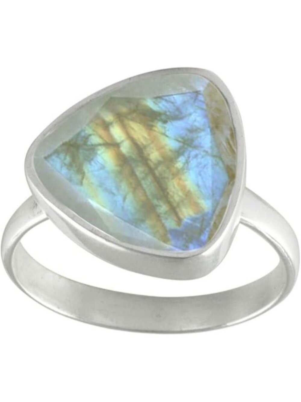 Natural-faceted Rainbow Moonstone Gemstone Trillion Shape Silver Faceted Ring